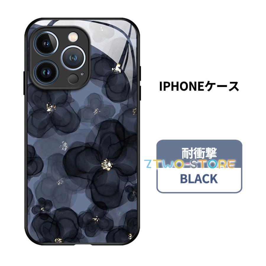 i Phone15ケース 14ケースフラワー 墨絵 ガラス 風 iphone アイフォン カバー ケースブラック iphoneカバー スマホケース 15 14 13 Plus pro max ケース 