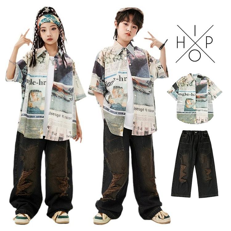 レトロ系 シャツ デニムパンツ ダメージ キッズダンス衣装 セットアップ 子供服 ヒップホップ 衣装 柄シャツ デニム ズボン ジーンズ 派手 ストリート系