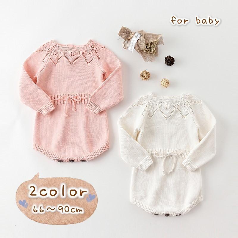 ロンパース カバーオール 長袖 ニット セーター つなぎ ベビー 赤ちゃん キッズ 子供服 女の子 袖リブ かわいい キュート 丸首 ラウンドネック